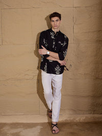 Dennison Floral Printed Cotton Band Collar Lurus Kurta