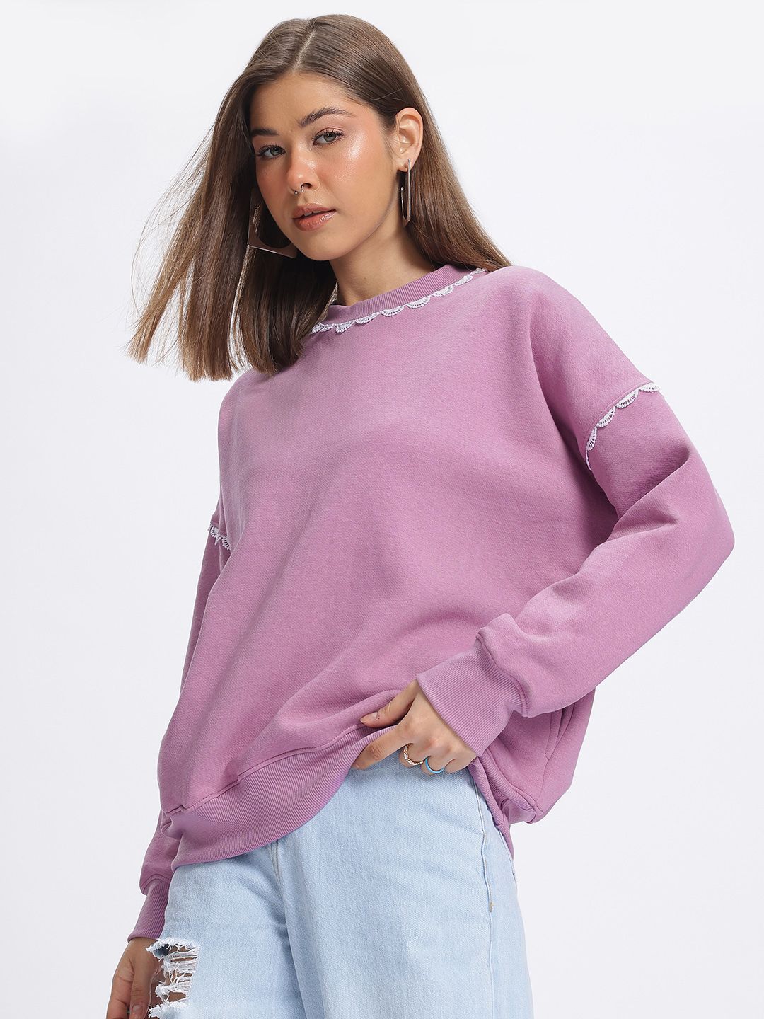 DressBerry Lace Insert Detail Drop-Shoulder Sleeve Sweatshirt