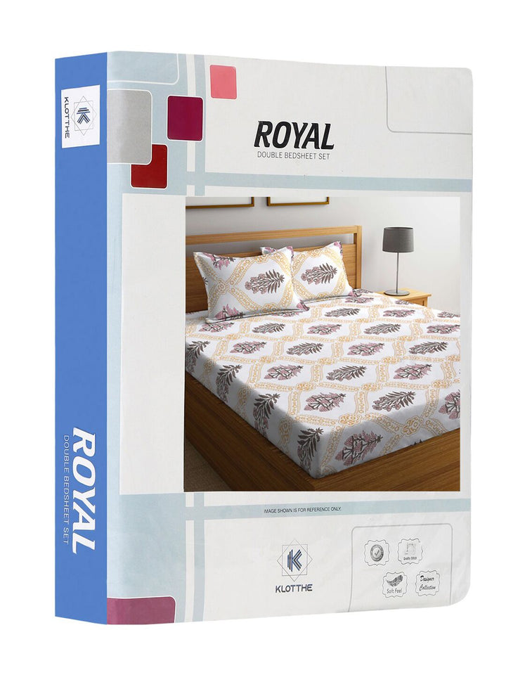 KLOTTHE White Ethnic Motifs Cotton 300 TC King Fine Bedsheet with 2 Pillow Covers-98 x 89 inches