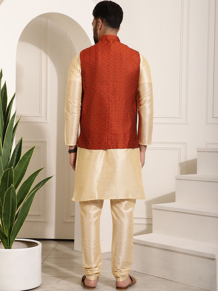 SOJANYA Men Golden & Maroon Kurta with Churidar And Nehru Jacket