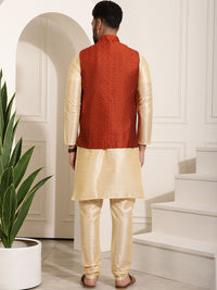 SOJANYA Men Golden & Maroon Kurta with Churidar And Nehru Jacket
