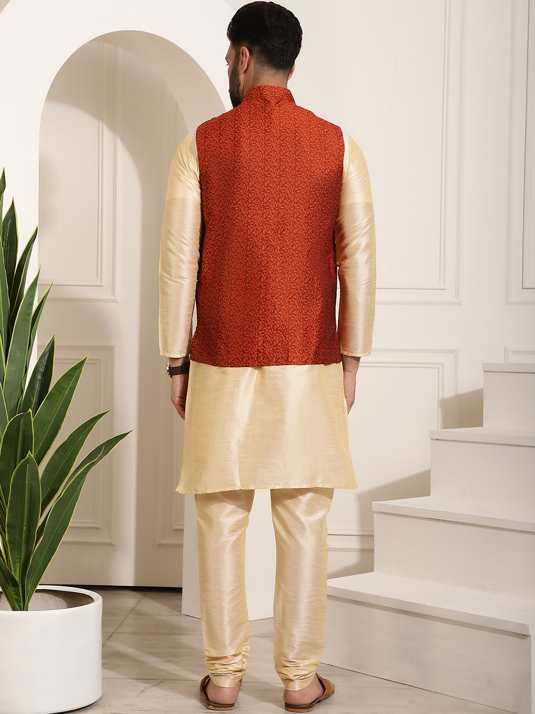 SOJANYA Men Golden & Maroon Kurta with Churidar And Nehru Jacket