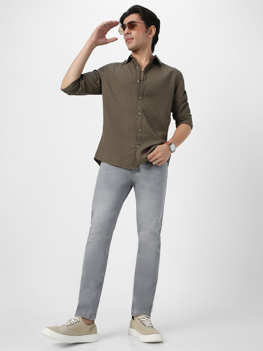 Urbano Fashion Men Spread Collar Textured Cotton Casual Shirt