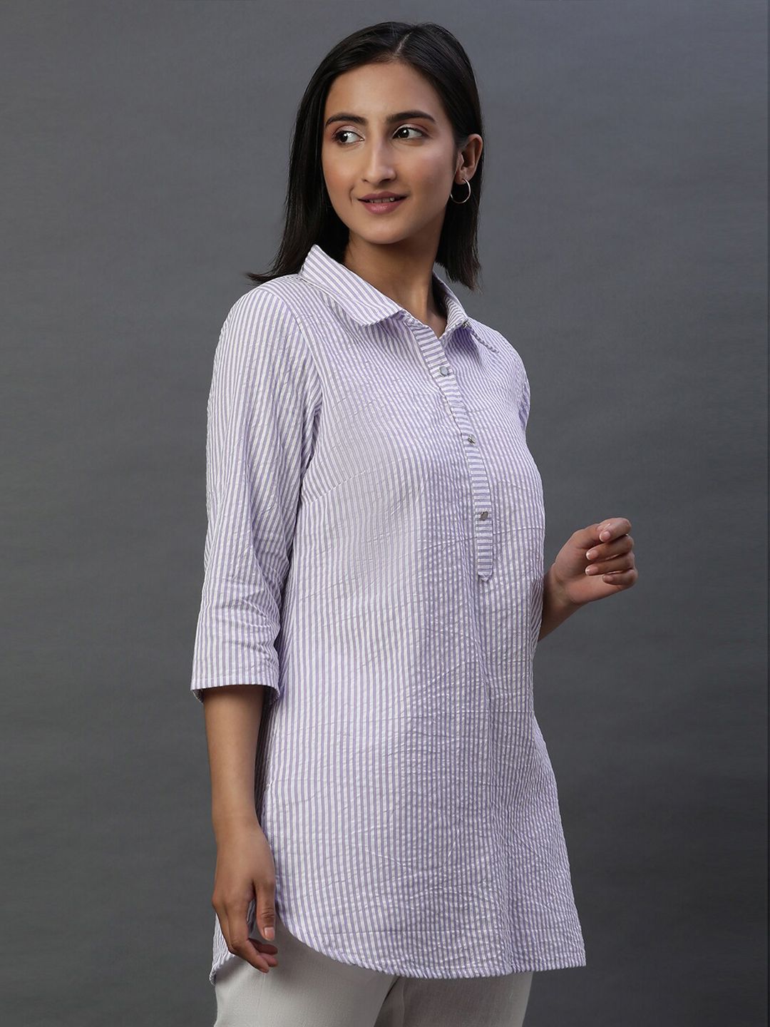 AURELIA Striped Shirt Collar Pure Cotton Kurti