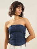 SASSAFRAS Blue Strapless Cotton Denim Tube Top