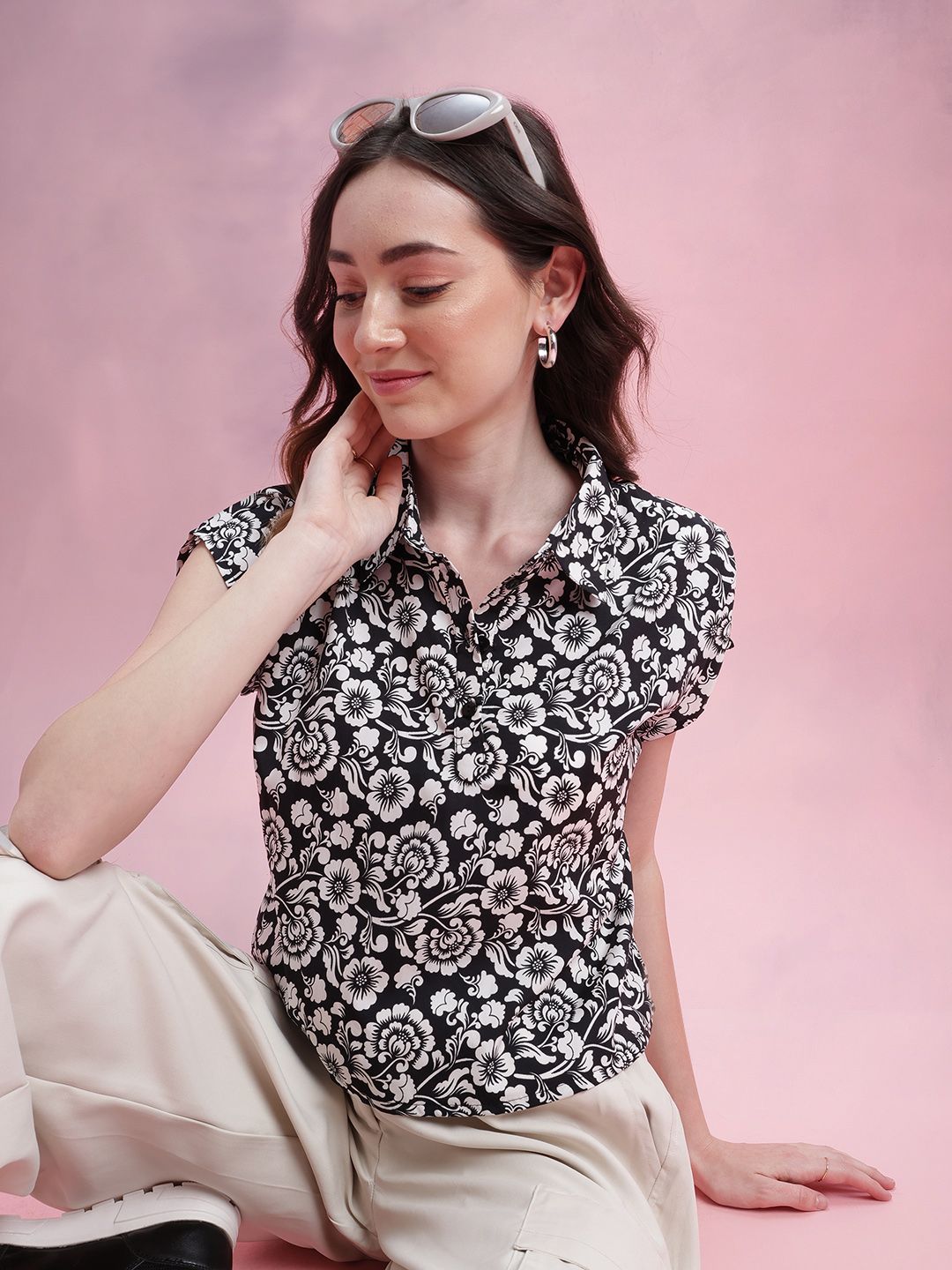 DressBerry Floral Print Extended Sleeves Shirt Style Top