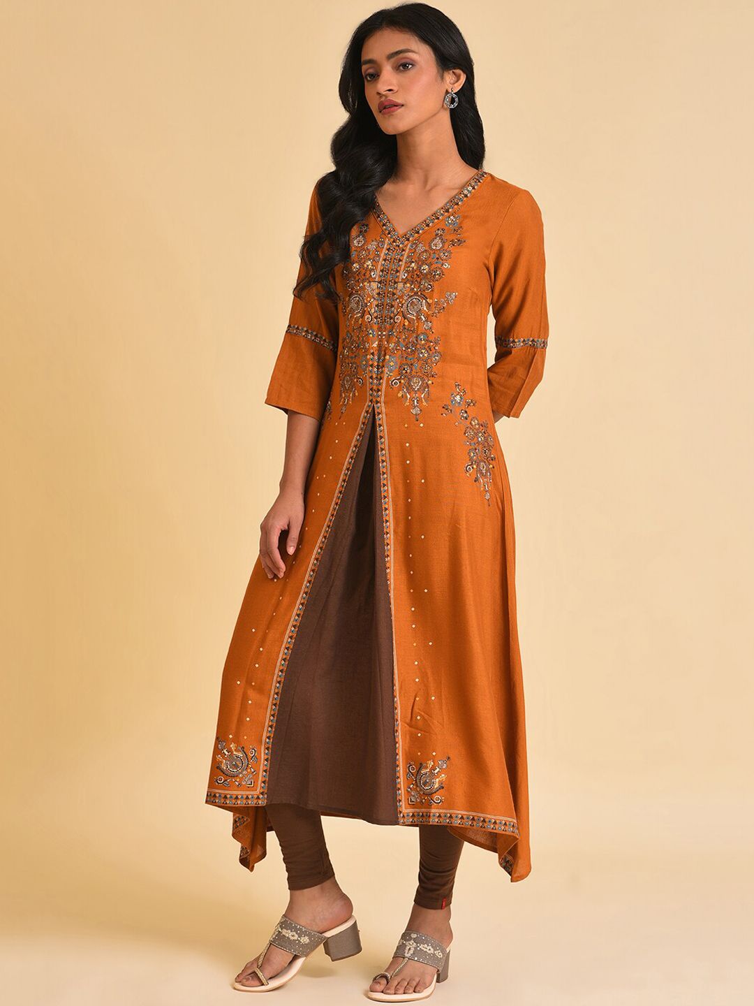W Rust & Brown Ethnic Motifs Printed Sequined Layered A-Line Kurta