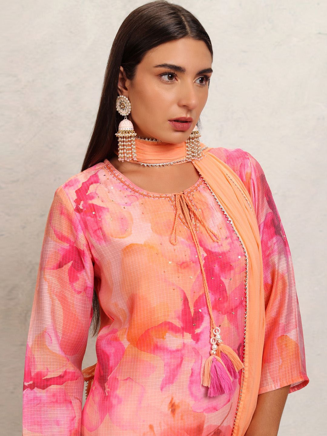 Vishudh Orange Printed Tie-Up Neck Pure Cotton Straight Kurta With Trousers & Dupatta