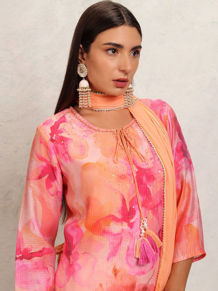 Vishudh Orange Printed Tie-Up Neck Pure Cotton Straight Kurta With Trousers & Dupatta