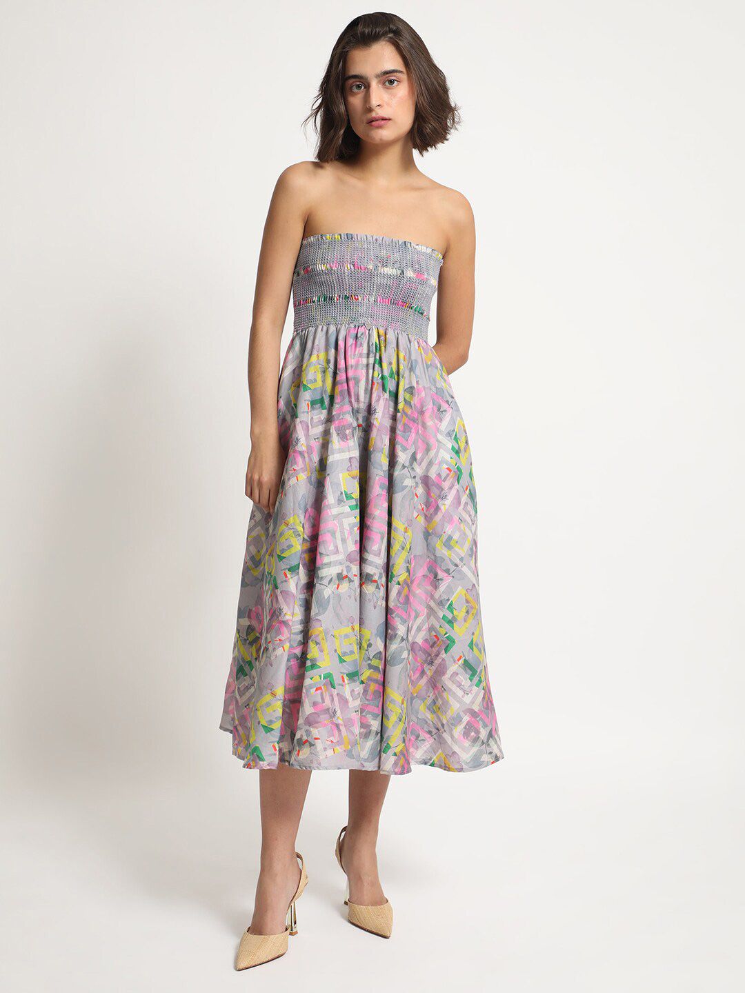 RAREISM Geo Floral Printed Off-Shoulder Fit & Flare Tube Midi Dress