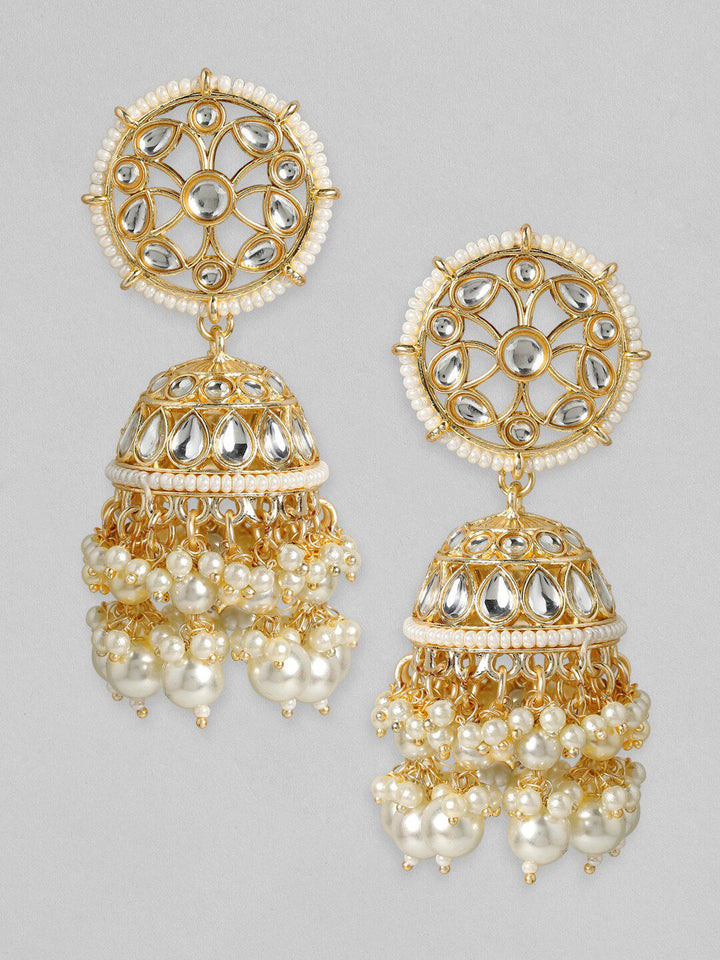 Rubans bertenaga emas buatan tangan kundan putih mutiara jhumka anting-anting