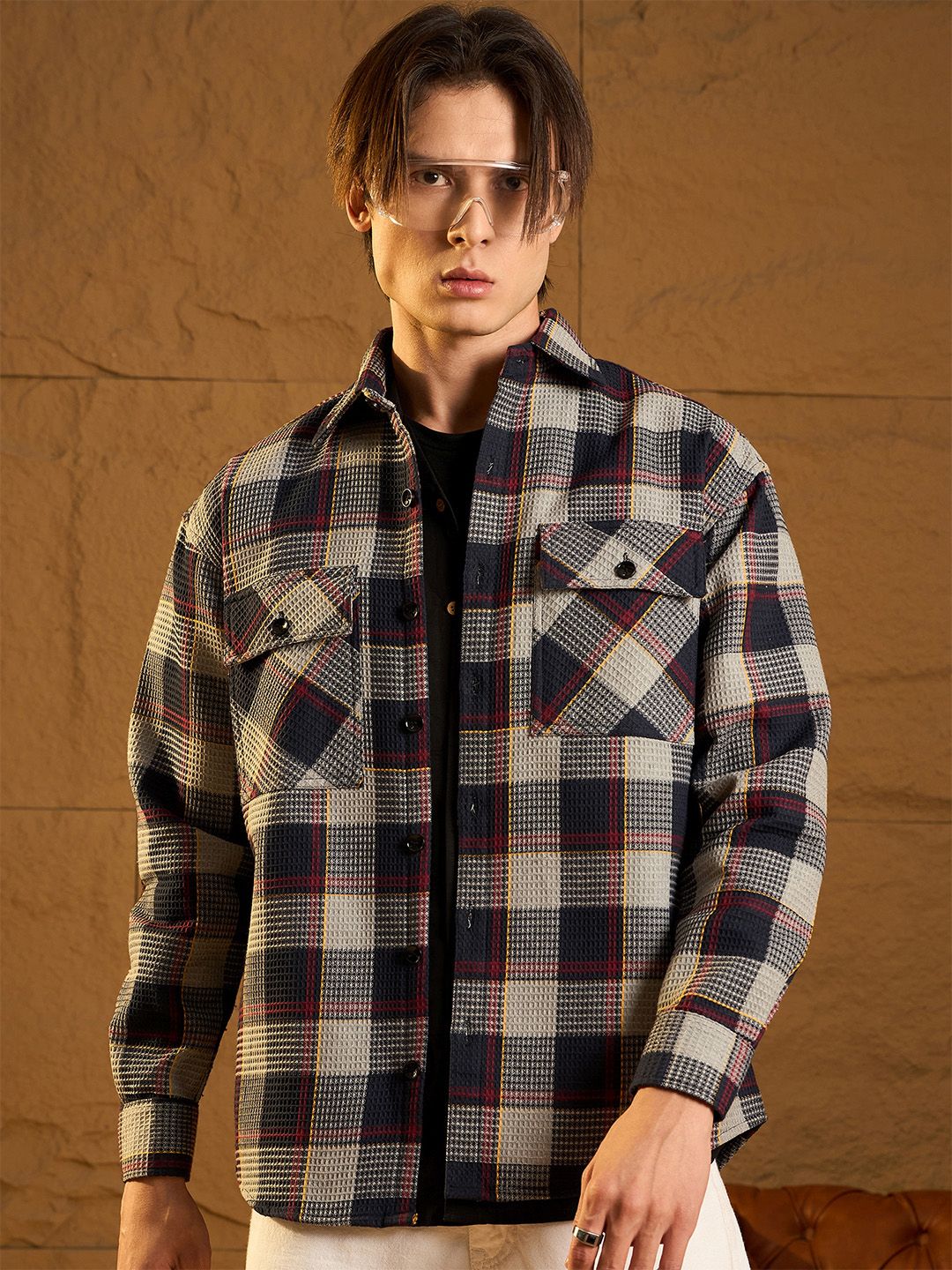 DENNISON Men Double Pocket Drop Shoulder Oversized Cotton Checked Shacket
