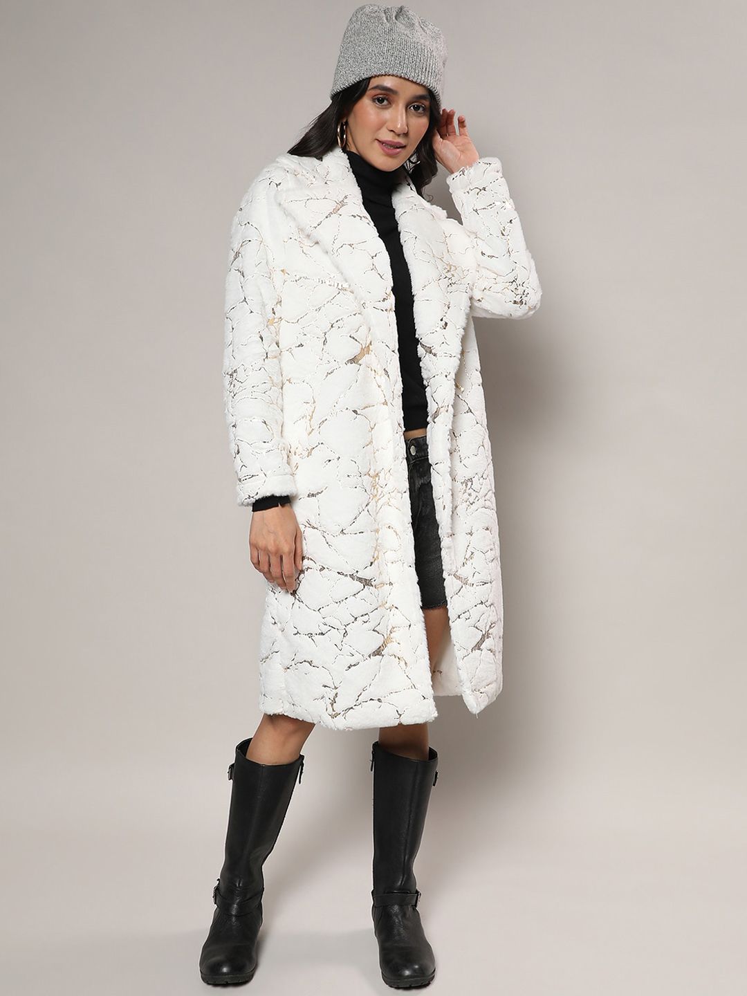 Campus Sutra Self Design Notched Lapel Single Breasted Longline Overcoat