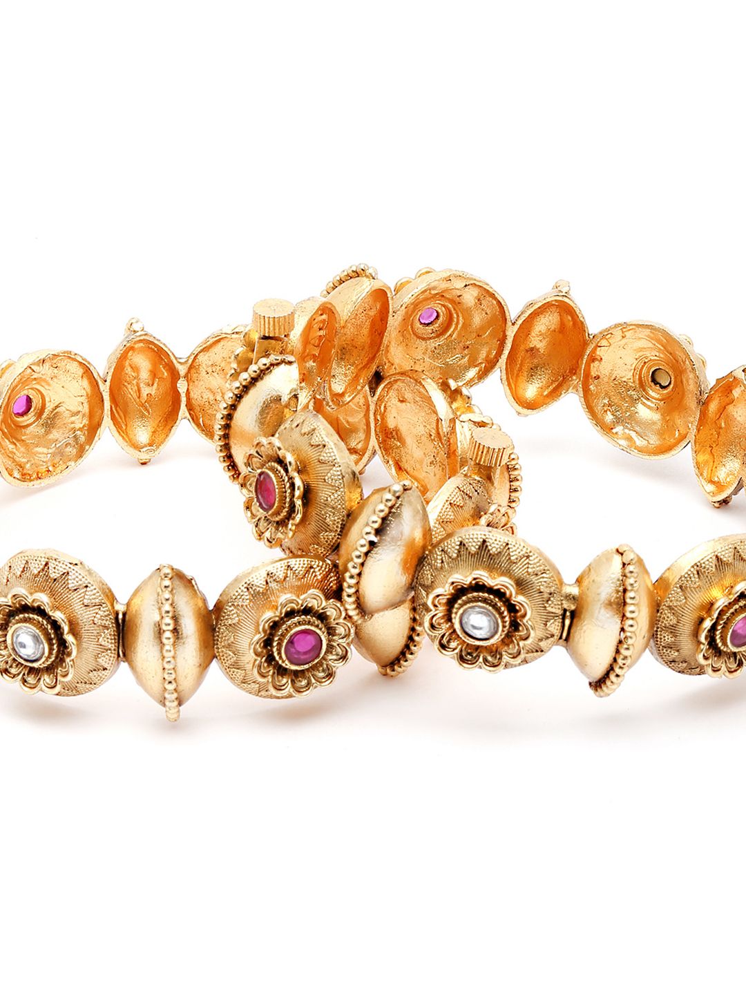 KARATCART Set Of 2 Gold-Plated Pink & White Kundan Floral Rajwadi Bangles