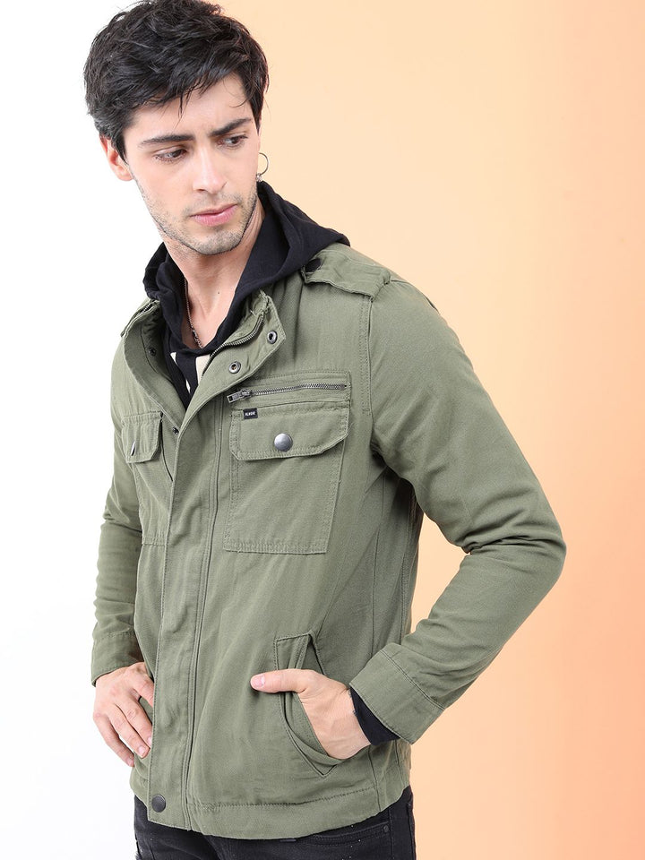 HIGHLANDER Men Olive Green Capulet Denim Jacket