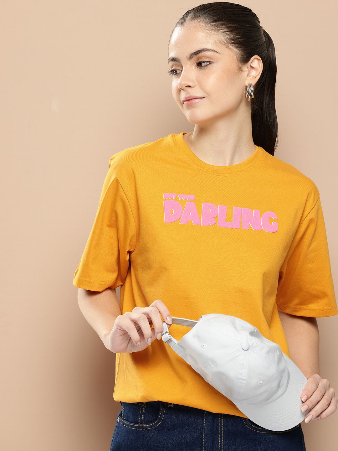 Difference of Opinion Women Typography Printed Embossed Oversized T-shirt