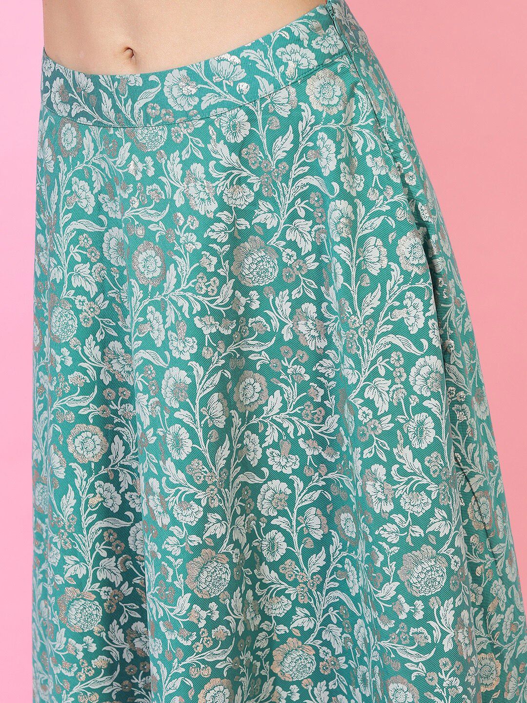 Vishudh Turquoise Blue & Off White  Foil Print Ready to Wear Lehenga & Blouse With Dupatta