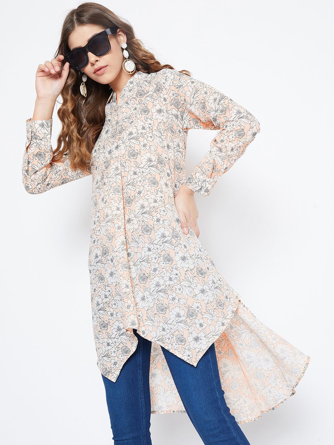 Berrylush Beige Floral Printed Crepe Shirt Style Top