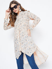 Berrylush Beige Floral Printed Crepe Shirt Style Top