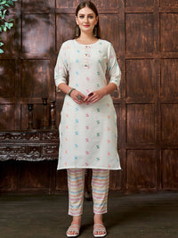 KALINI Geometric Woven Design Thread Work Kurta with Trousers