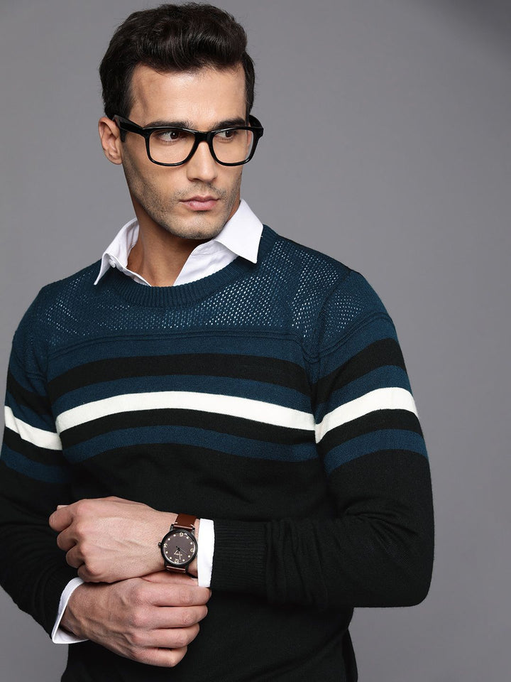 Raymond Men Black & White Striped Round Neck Long Sleeves Pullover