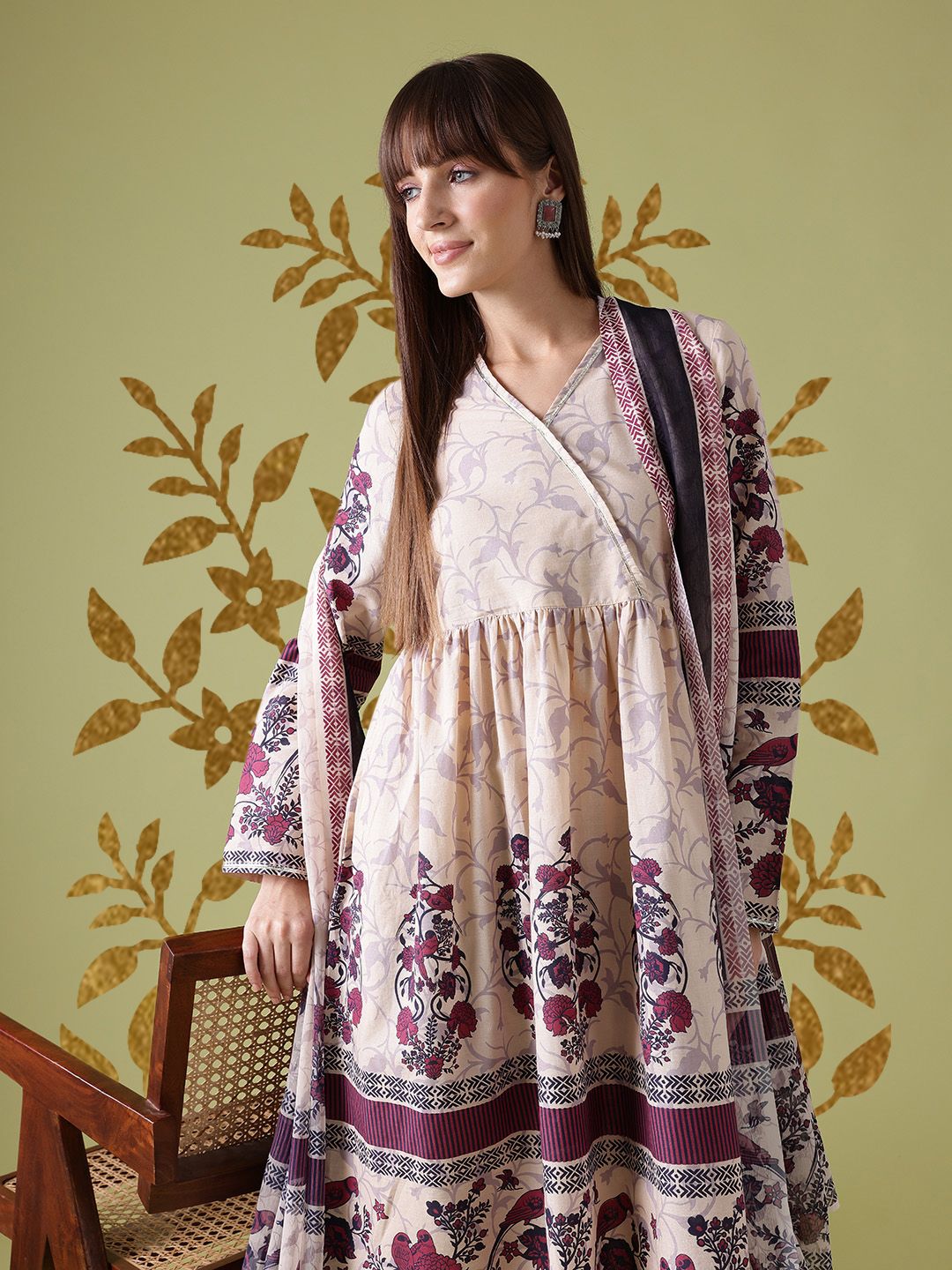 Anouk Printed Gotta Patti Cotton Angrakha Kurta with Palazzos & With Dupatta