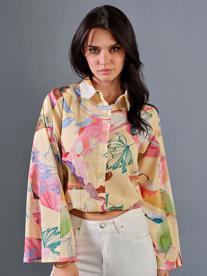 AND Floral Print Flared Sleeve Cotton Cape Top