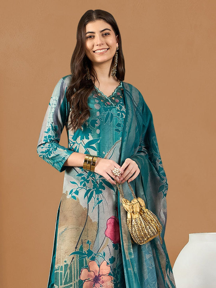 KALINI Floral Printed Thread Work Straight Kurta With Trousers & Dupatta