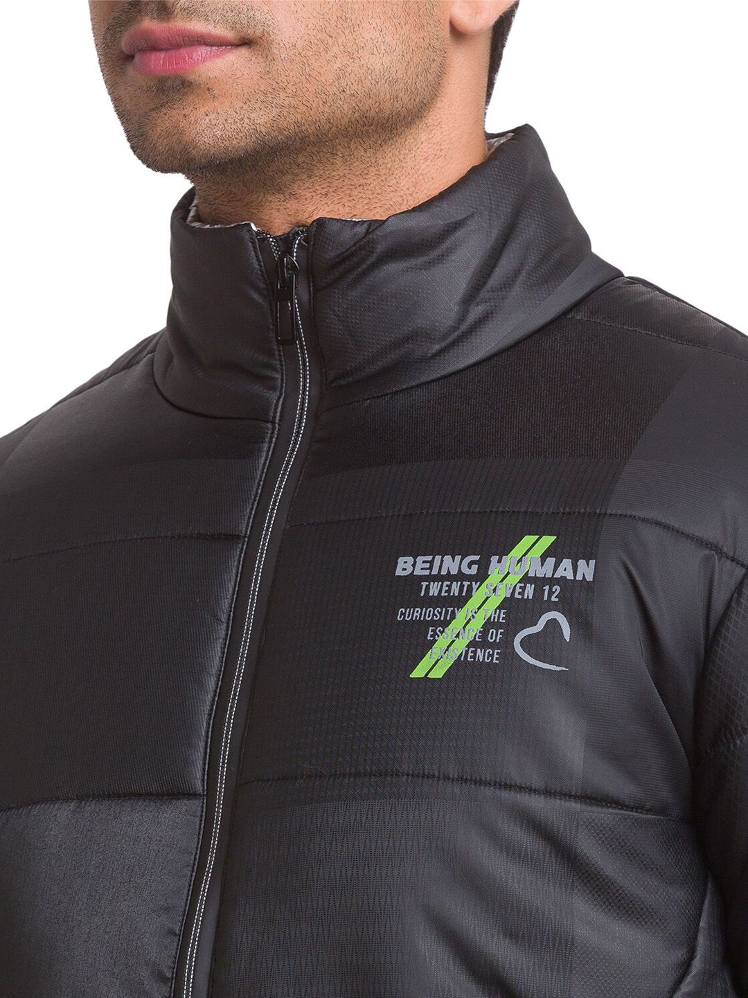 Being Human Men Black Padded Jacket with Patchwork