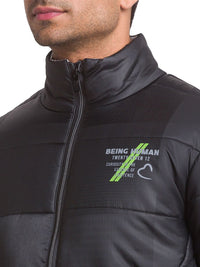 Being Human Men Black Padded Jacket with Patchwork