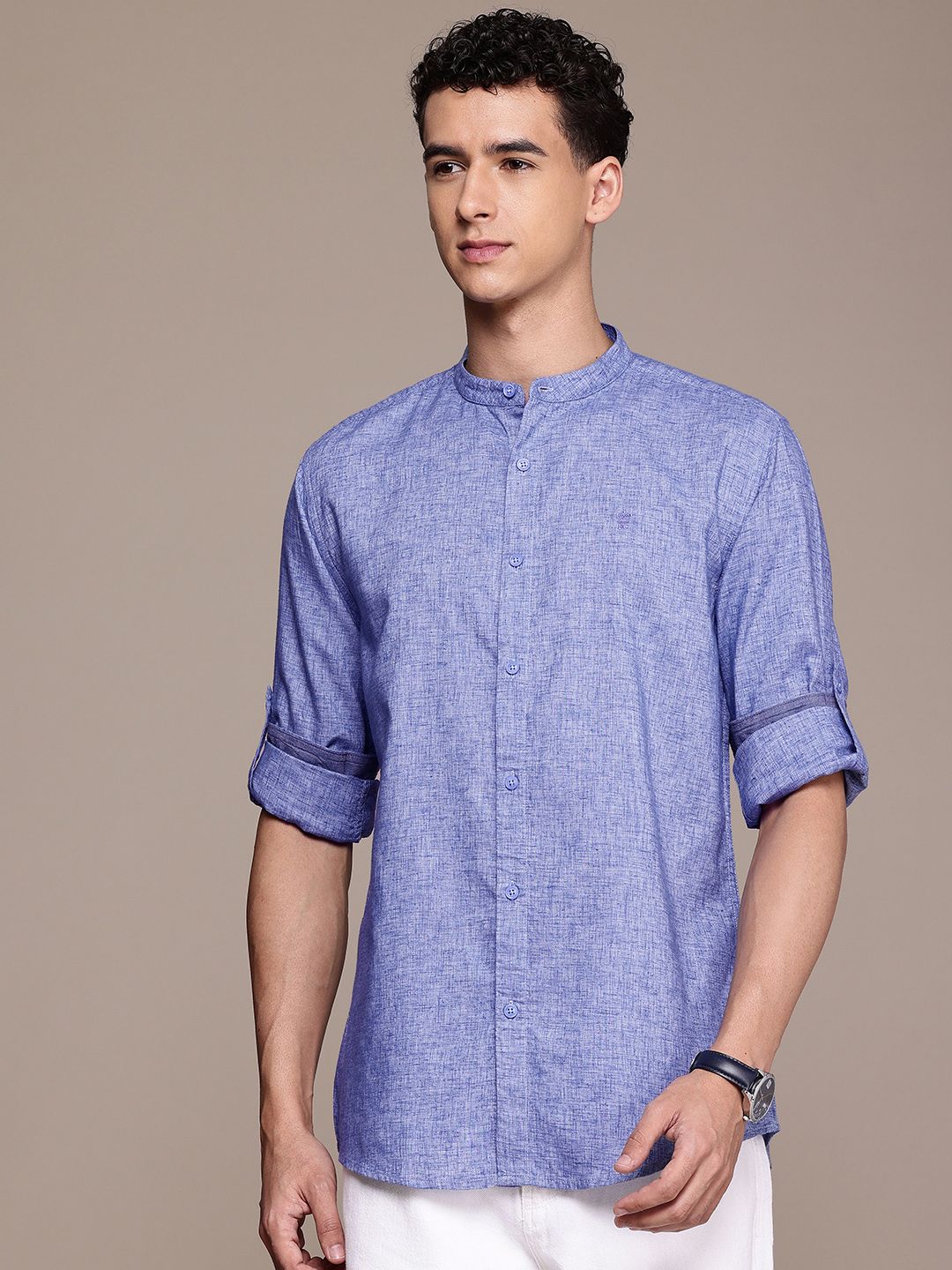 French Connection Slim Fit Band Collar Roll-Up Sleeves Casual Shirt