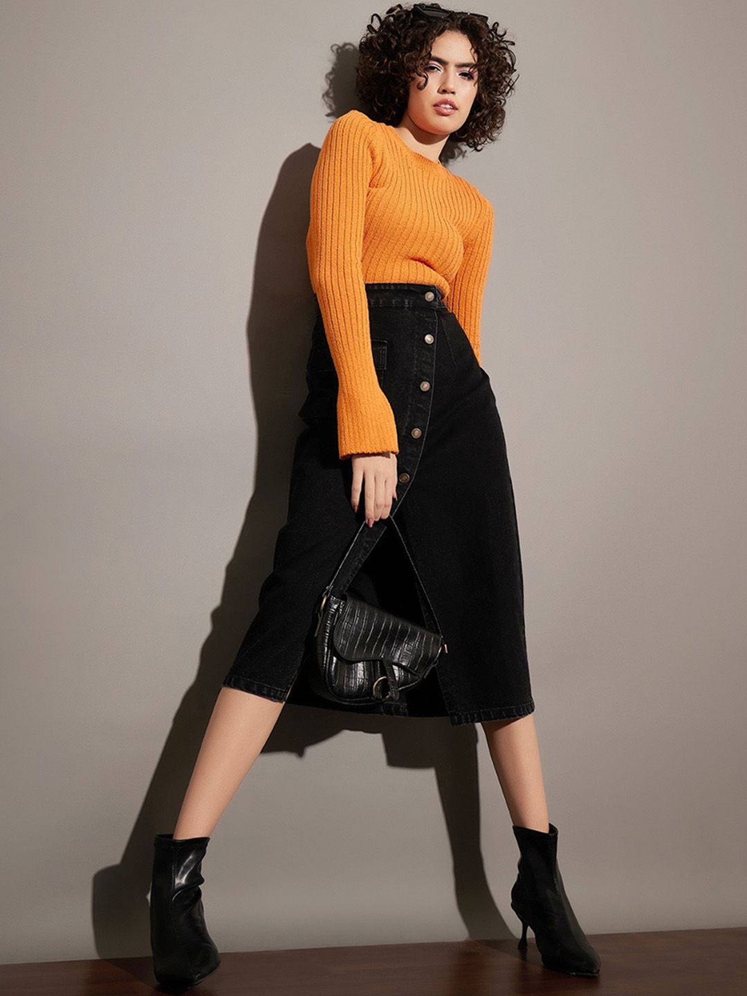 SASSAFRAS Black Front Slit Denim Wrap Midi Skirt