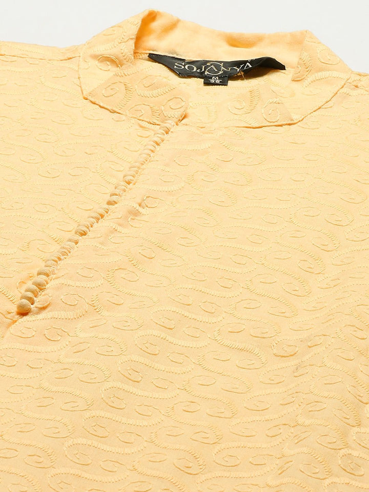 SOJANYA Men Yellow Ethnic Motifs Chikankari Pure Cotton Kurta with Churidar & Nehru Jacket