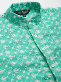 SOJANYA Kurta Sulam Chikankari Biru Lelaki dengan Jaket Churidar & Nehru