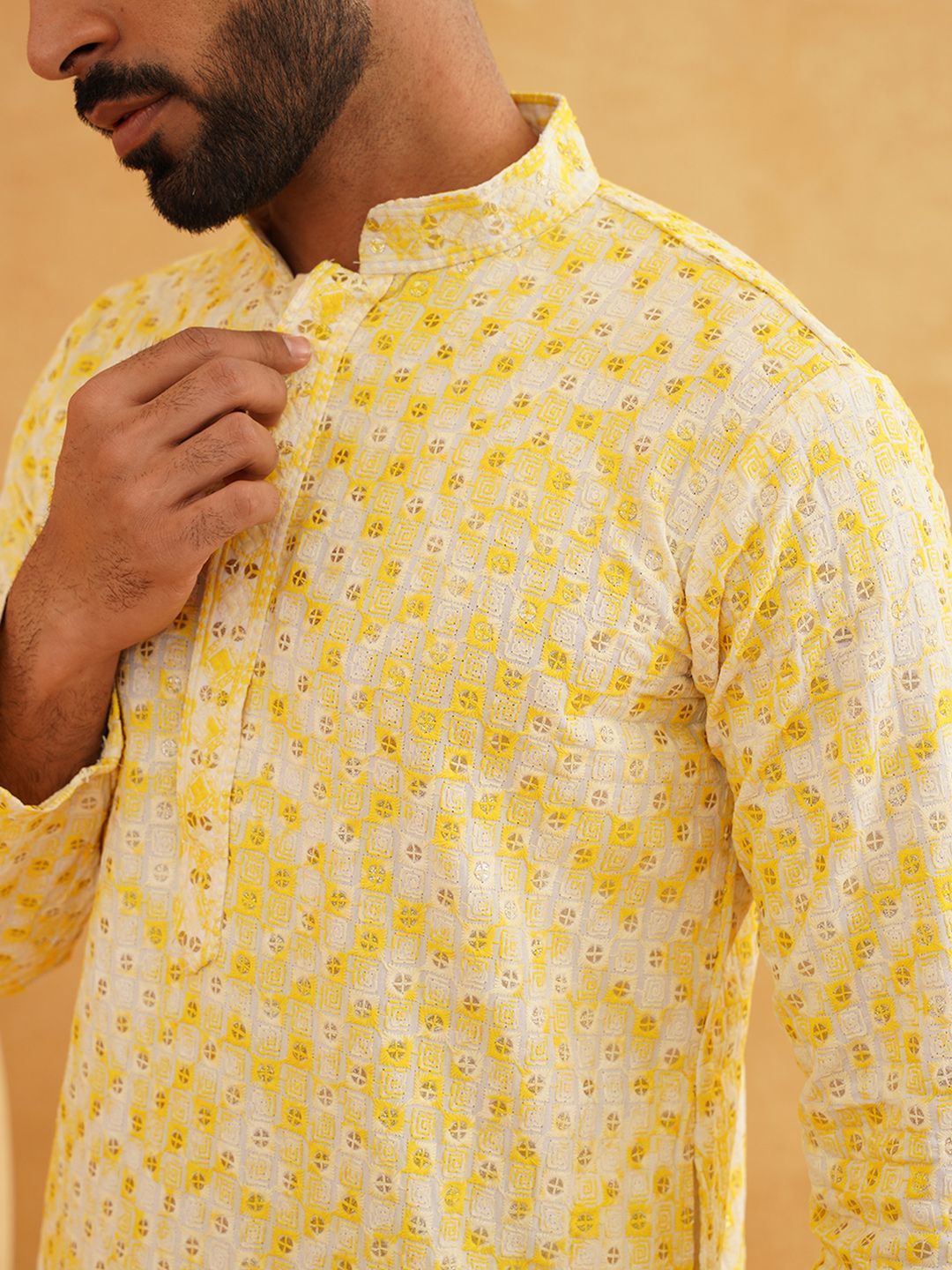 SOJANYA Motif Etnik Bersulam Kolar Mandarin Benang Kerja Kurta Lurus Kapas Tulen