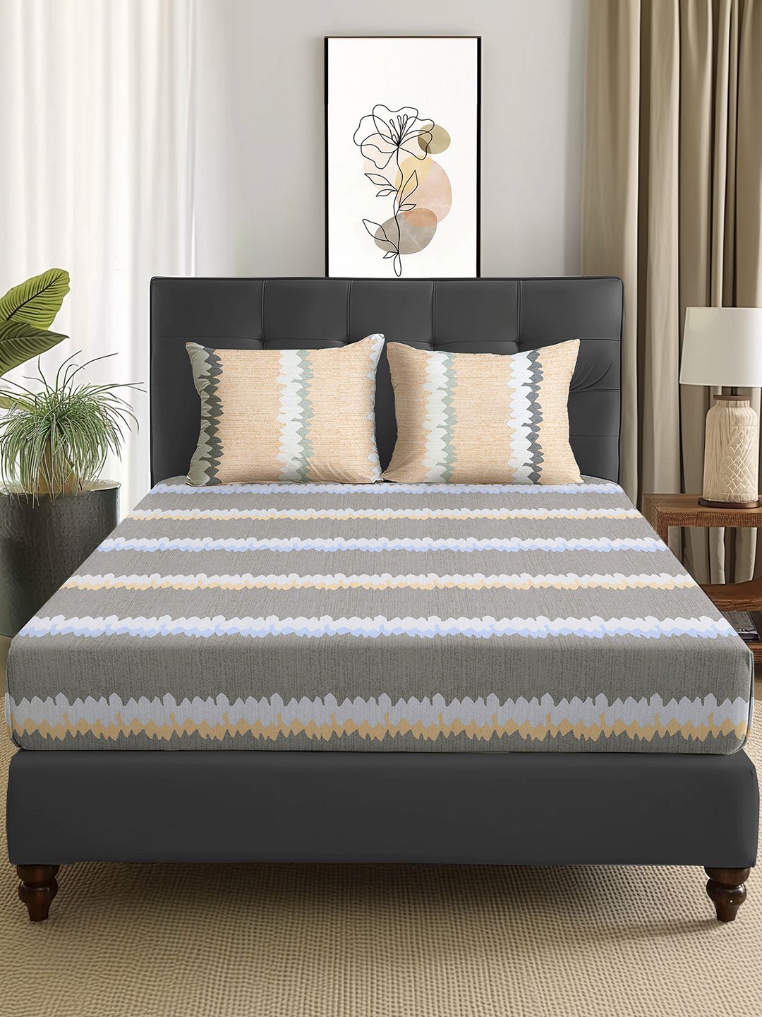 Story@home Grey & Peach-Coloured Striped 180 TC Queen Bedsheet With 2 Pillow Covers