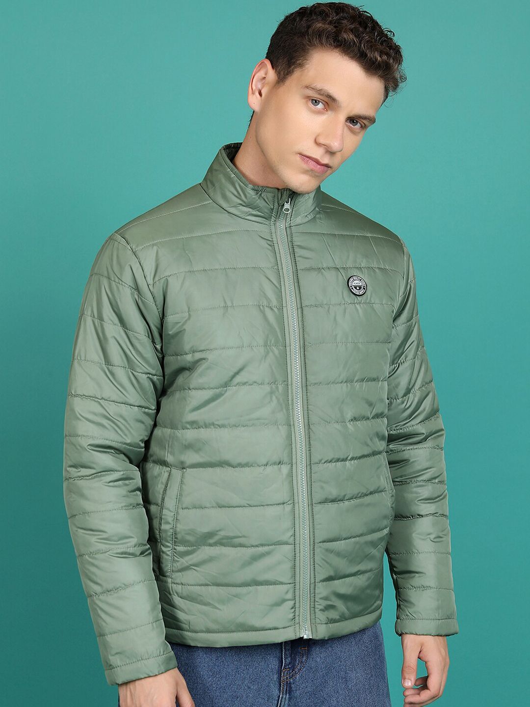 HIGHLANDER Olive Green Mock Collar Padded Jacket