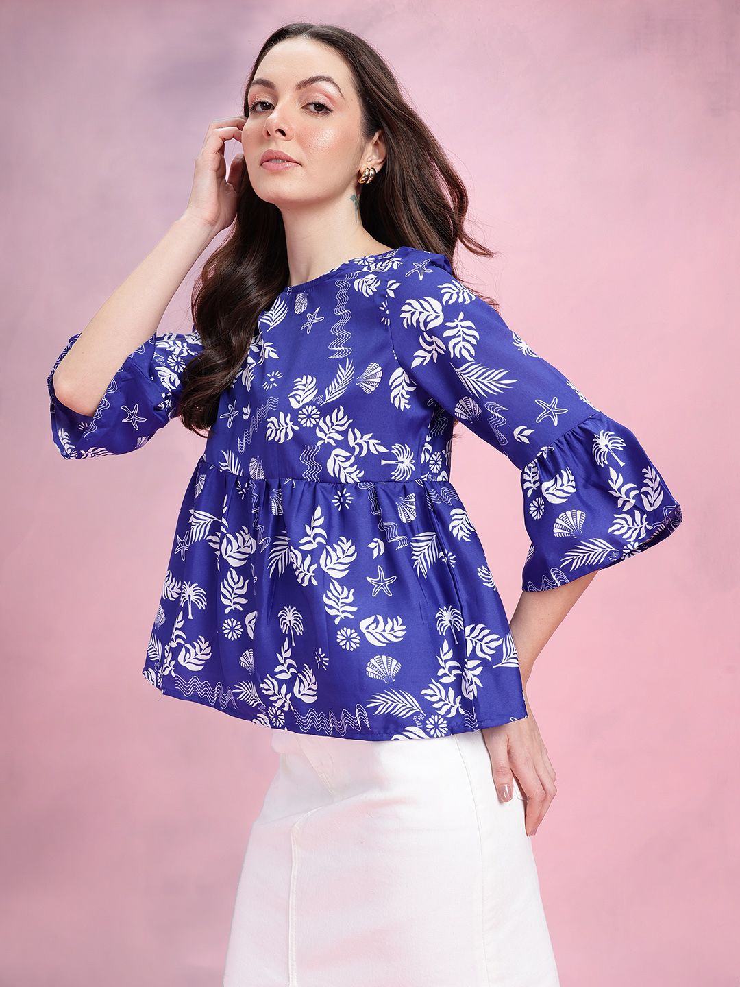 DressBerry Tropical Print Gathered Detail Bell Sleeves Peplum Top