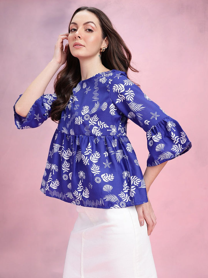 DressBerry Tropical Print Gathered Detail Bell Sleeves Peplum Top