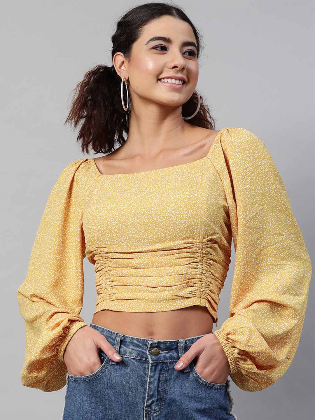 STREET 9 Women Yellow & White Floral Fringed Georgette Regular Crop Top