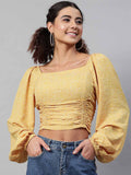 STREET 9 Women Yellow & White Floral Fringed Georgette Regular Crop Top