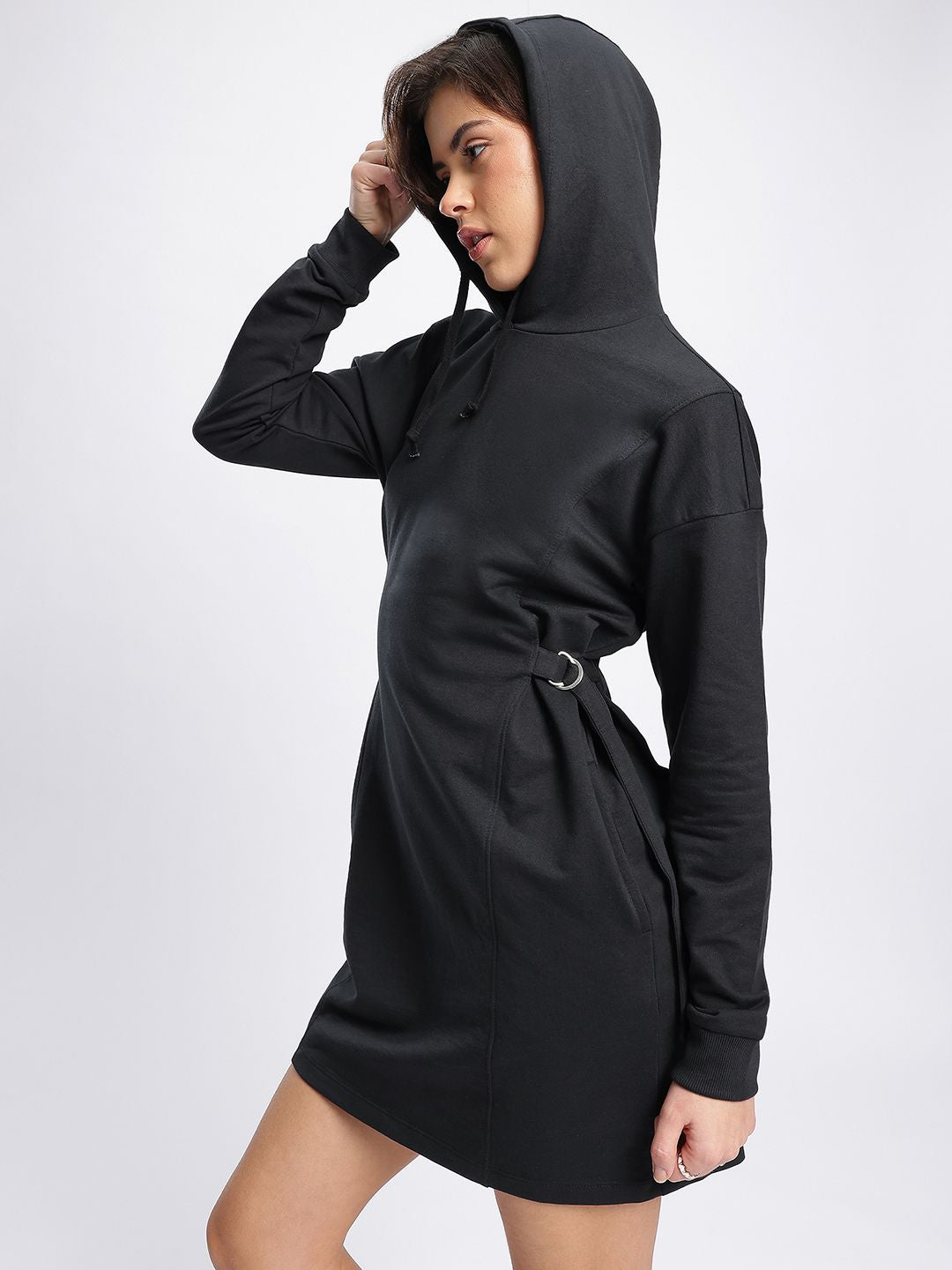DressBerry Casual Cinch Belted Hooded Jumper Mini Dress