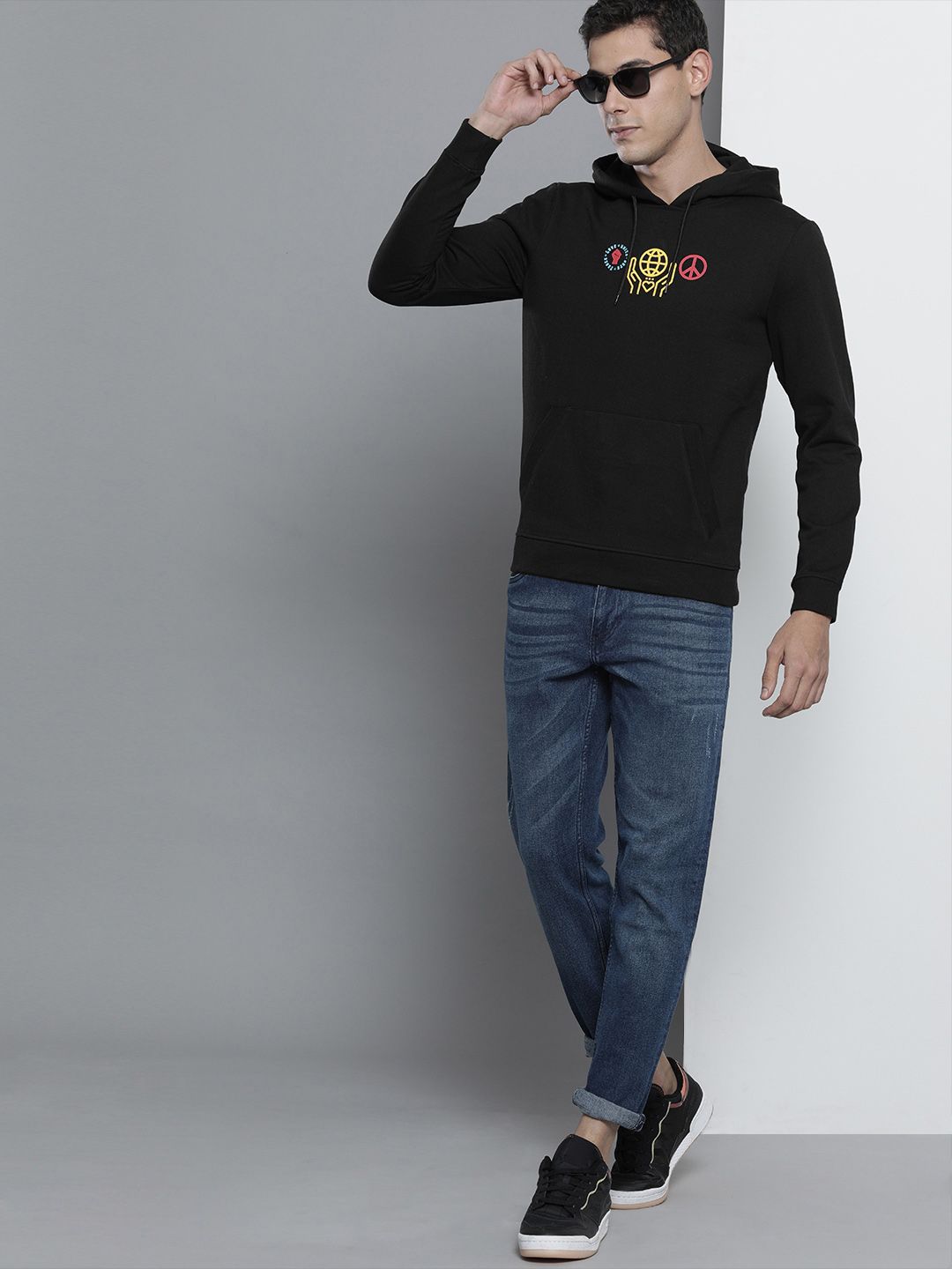 The Indian Garage Co Men Black Printed Hooded Sweatshirt