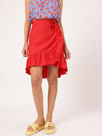 DressBerry Bold Blood-Red Asymmetric Flounce Hem Mini Skirt