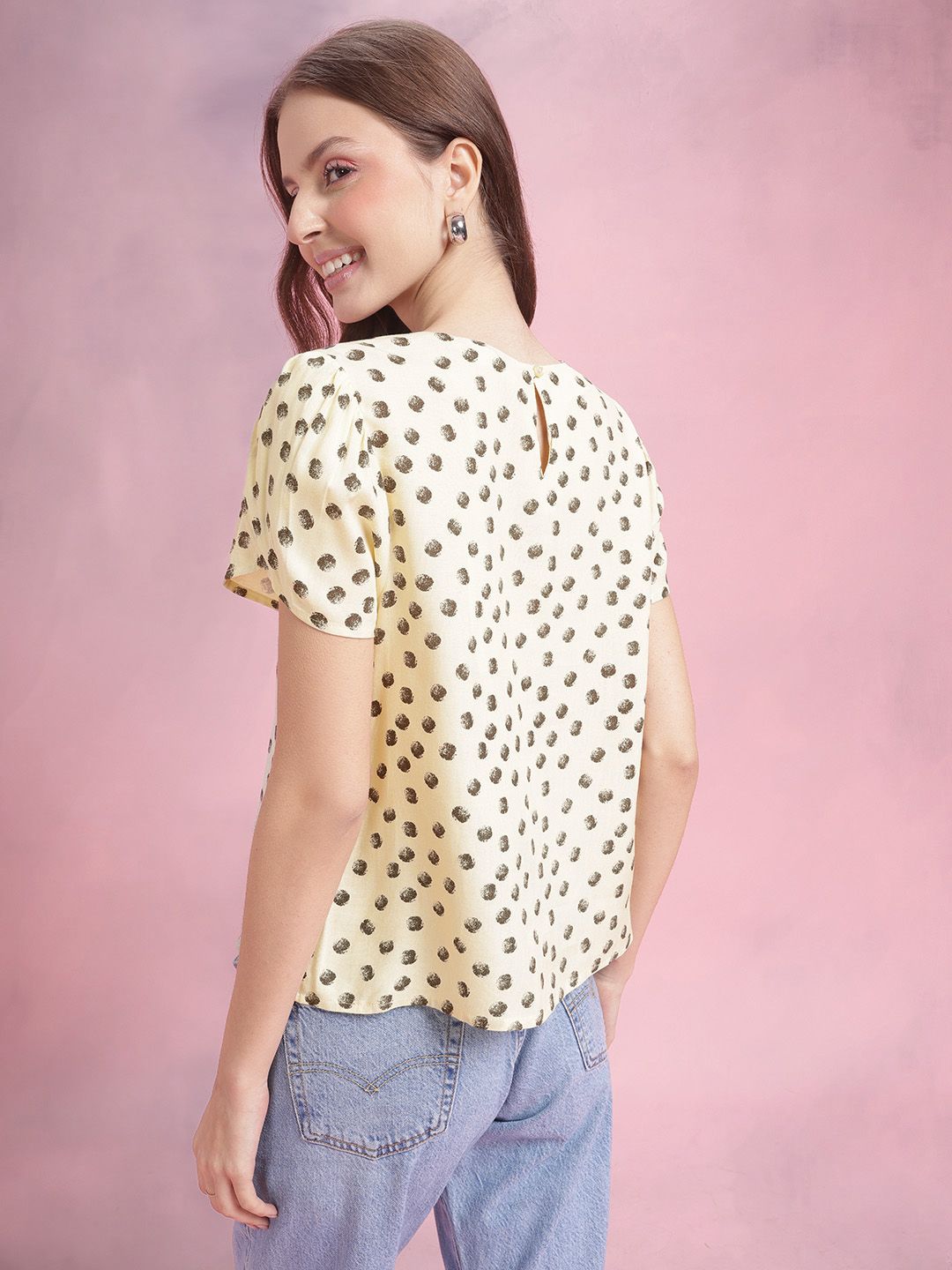 DressBerry Polka Dot Print Puff Sleeves Top