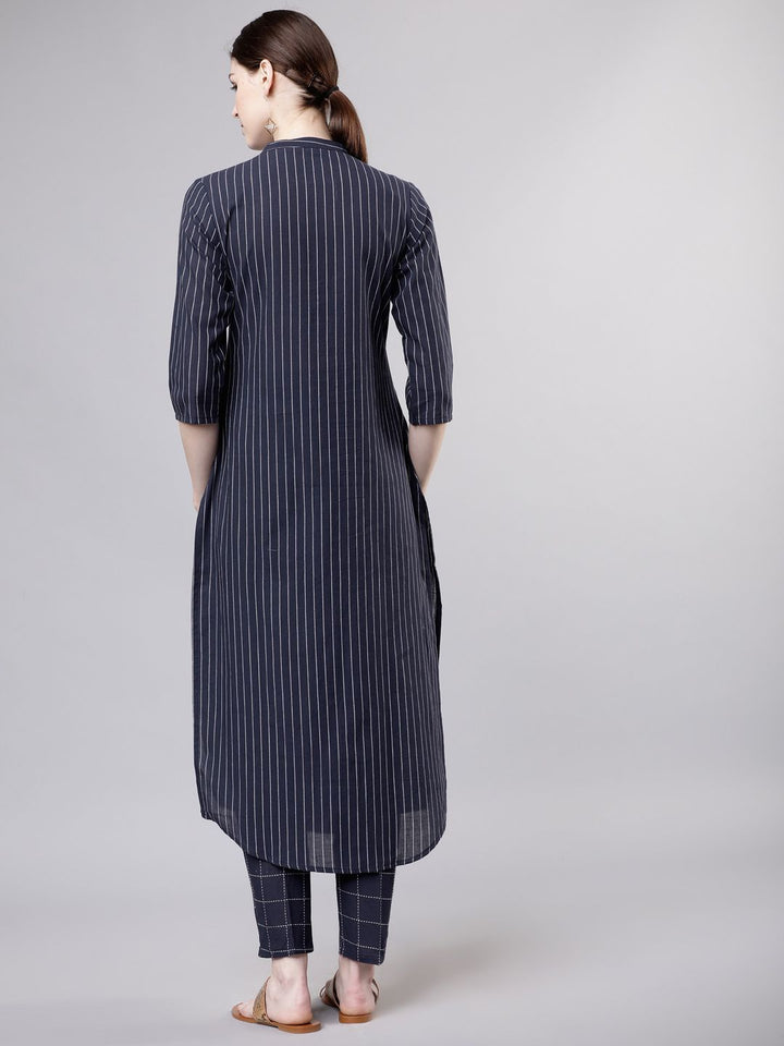 Vishudh Women Navy Blue & Off-White Striped Kurta with Palazzos