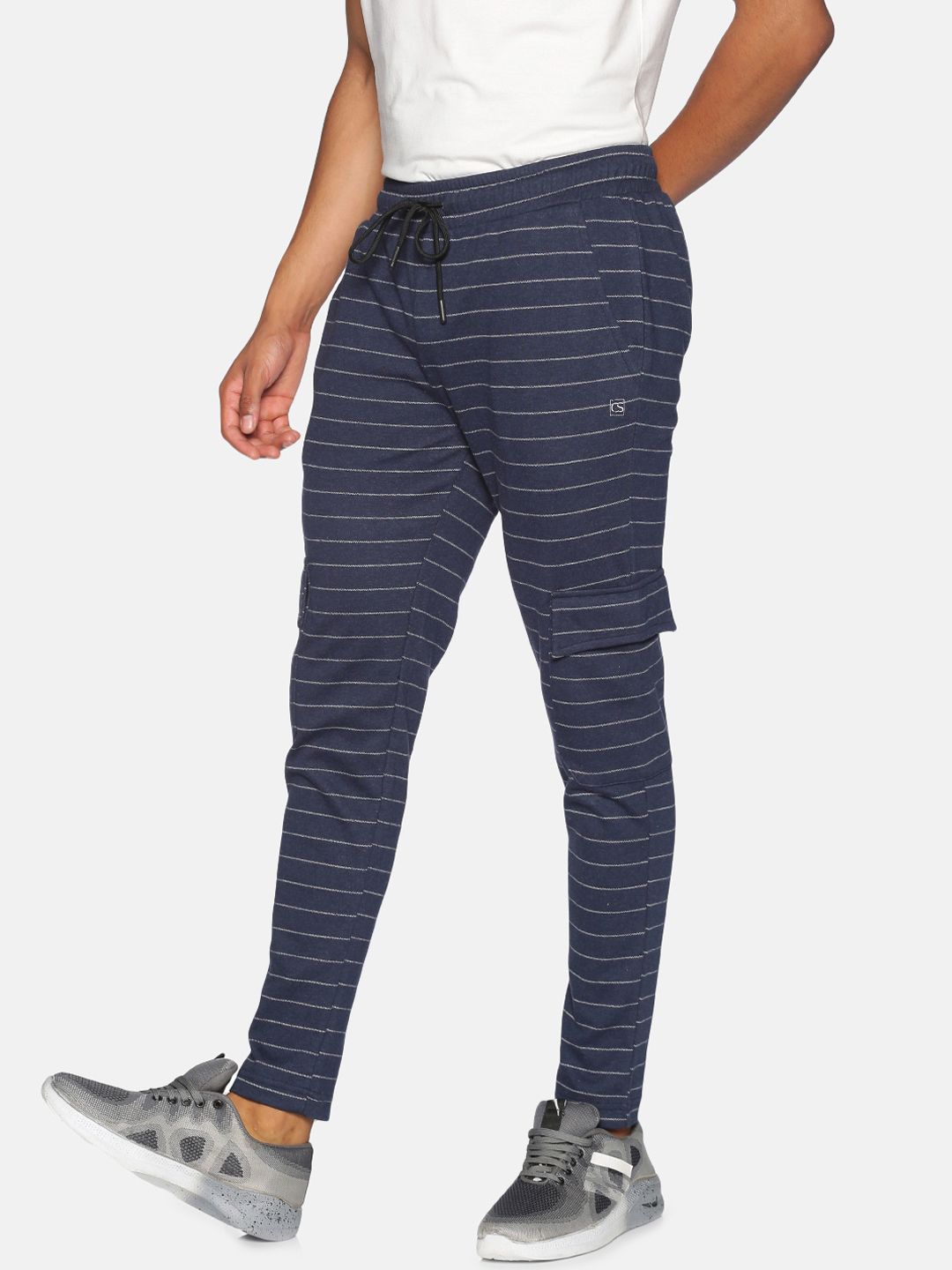 Campus Sutra Men Navy Blue & White Striped Straight-Fit Cotton Track Pants