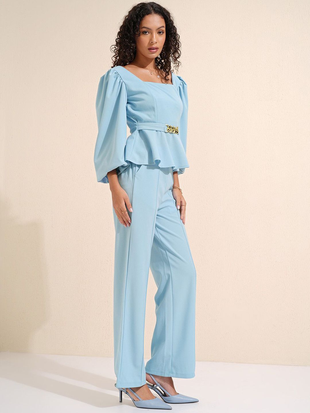 CHIC BY TOKYO TALKIES Blue Square Neck Puff Sleeves Peplum Top With Trousers