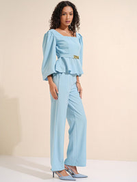 CHIC BY TOKYO TALKIES Blue Square Neck Puff Sleeves Peplum Top With Trousers