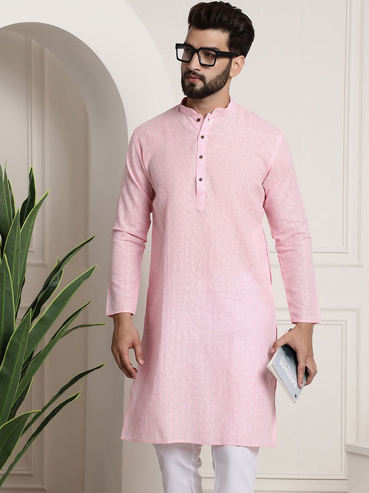 SOJANYA Men Pink Thread Work Dobby Kurta